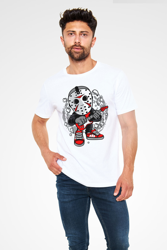Jason Rockstar Baskılı Unisex Beyaz Tişört