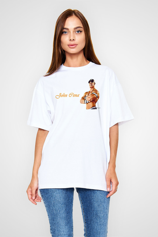 John Cena Baskılı Beyaz Unisex Oversize Tişört - Tshirt