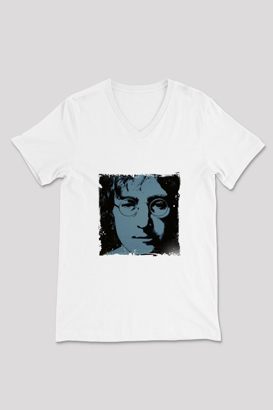 John Lennon Baskılı V Yaka Unisex Beyaz Tişört