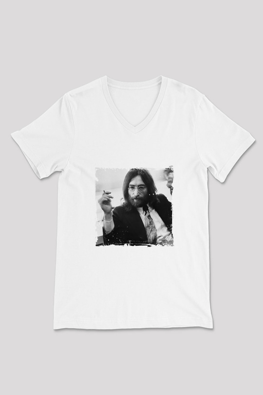 John Lennon Baskılı V Yaka Unisex Beyaz Tişört