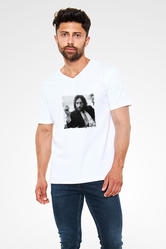 John Lennon Baskılı V Yaka Unisex Beyaz Tişört