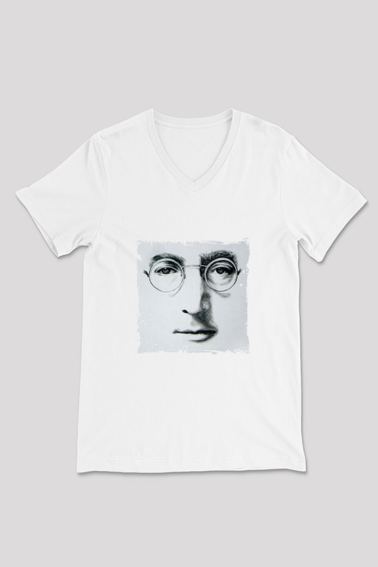John Lennon Baskılı V Yaka Unisex Beyaz Tişört