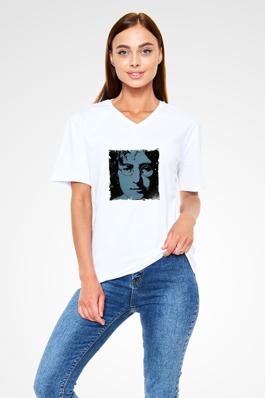 John Lennon Baskılı V Yaka Unisex Beyaz Tişört