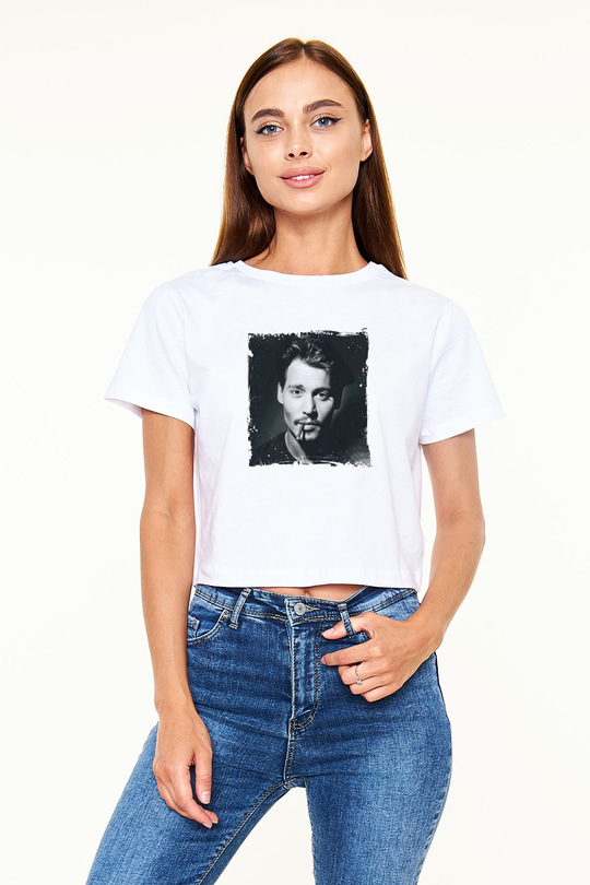 Johnny Depp Baskılı Beyaz Kadın Crop Top Tişört