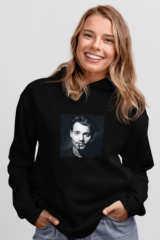 Johnny Depp Baskılı Unisex Siyah Hoodie