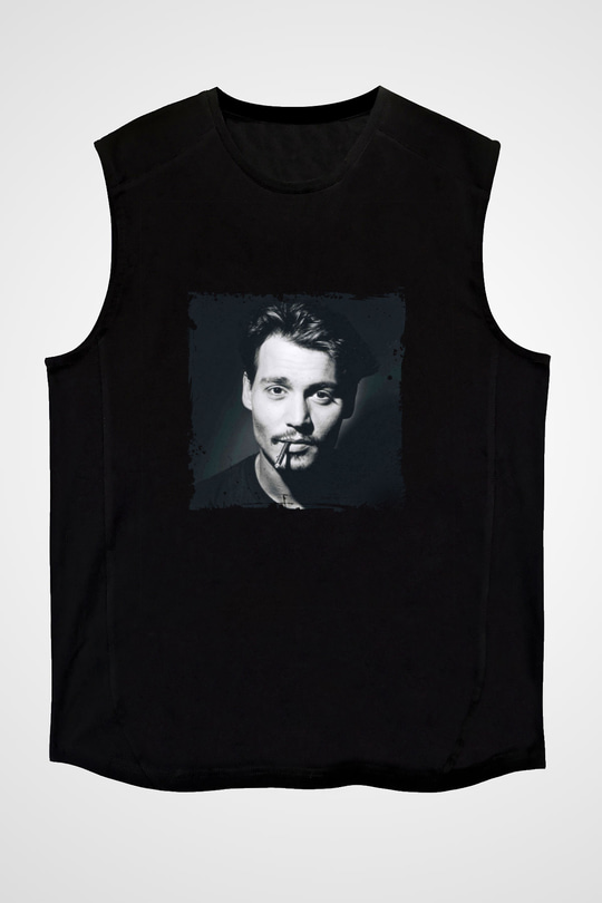 Johnny Depp Baskılı Unisex Siyah Kolsuz Tişört