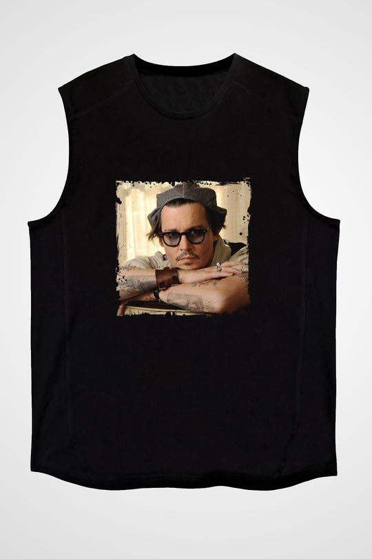 Johnny Depp Baskılı Unisex Siyah Kolsuz Tişört