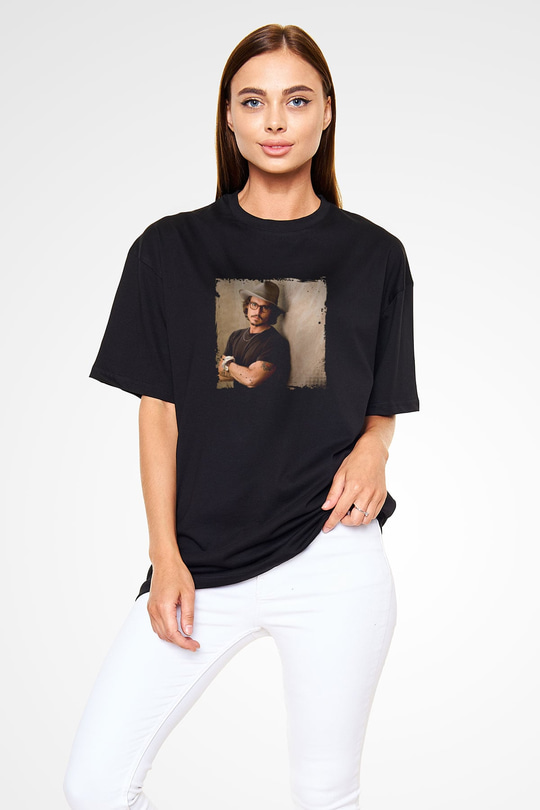Johnny Depp Baskılı Unisex Siyah Oversize Tişört