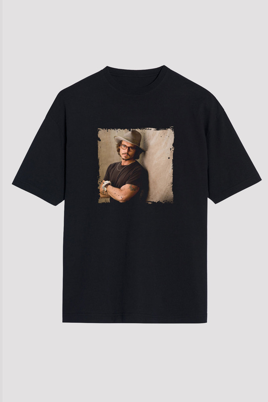 Johnny Depp Baskılı Unisex Siyah Oversize Tişört