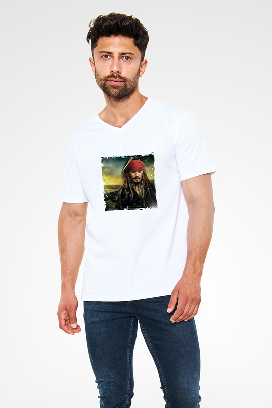 Johnny Depp Baskılı V Yaka Unisex Beyaz Tişört