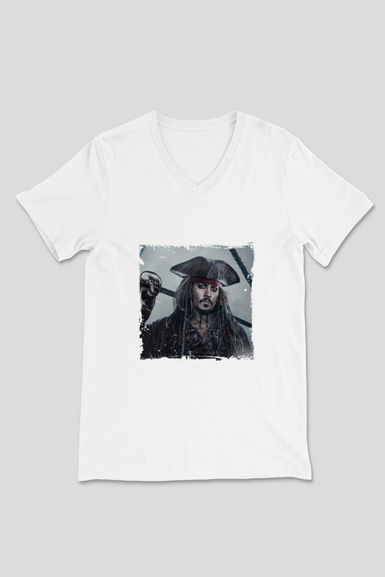 Johnny Depp Baskılı V Yaka Unisex Beyaz Tişört