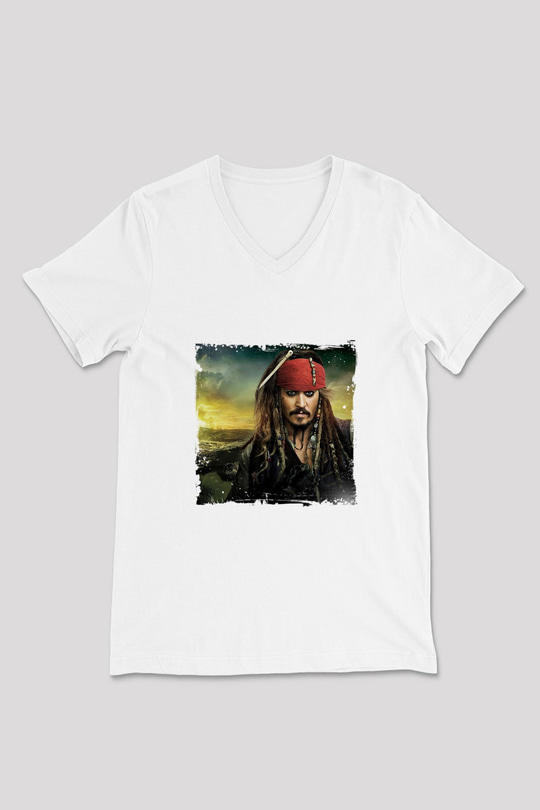 Johnny Depp Baskılı V Yaka Unisex Beyaz Tişört
