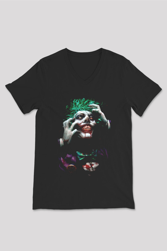 Joker Baskılı Unisex Siyah  V Yaka Tişört