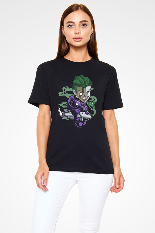 Joker Riding Rocket Baskılı Unisex Siyah Tişört