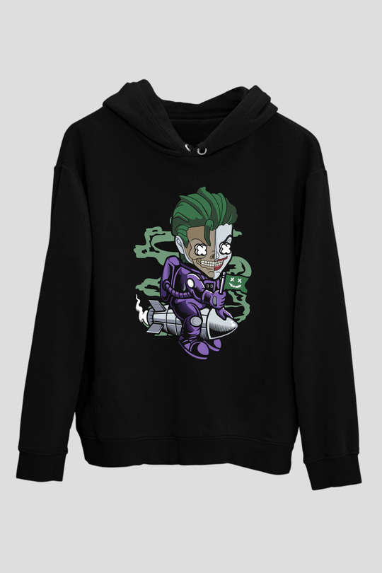 Joker Riding Rocket Baskılı Unisex Siyah Hoodie