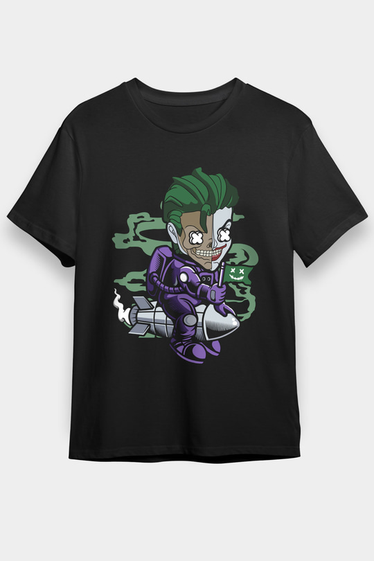 Joker Riding Rocket Baskılı Unisex Siyah Tişört