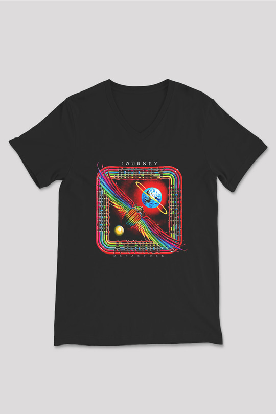 Journey Baskılı Unisex Siyah V Yaka Tişört - Tshirt
