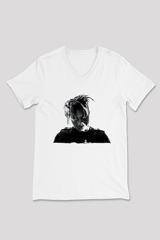 Juice Wrld Baskılı Beyaz Unisex V Yaka Tişört - Tshirt