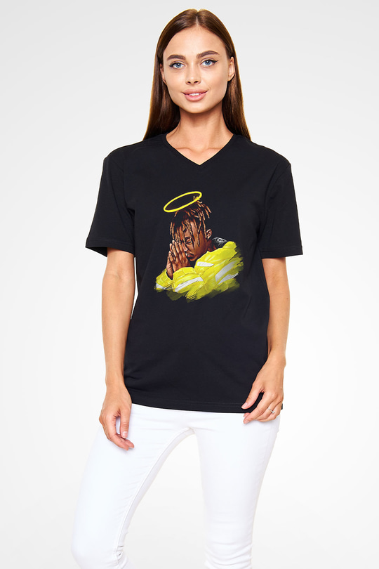 Juice Wrld Baskılı Unisex Siyah V Yaka Tişört - Tshirt