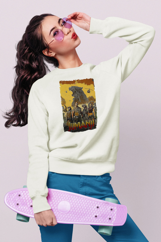 Jumanji Baskılı Beyaz Unisex Sweatshirt