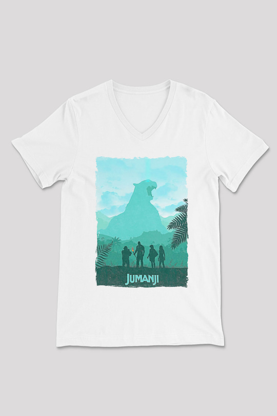 Jumanji Baskılı Beyaz Unisex V Yaka Tişört - Tshirt
