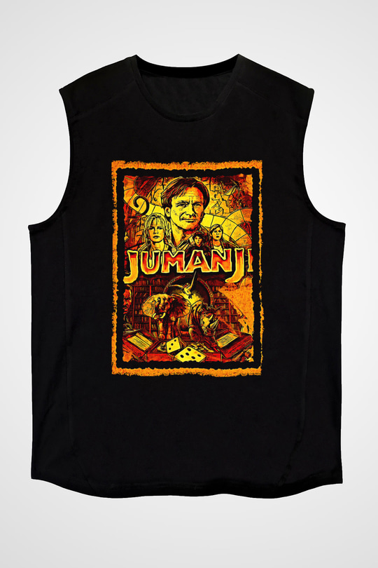 Jumanji Baskılı Unisex Siyah Kolsuz Tişört - Tshirt