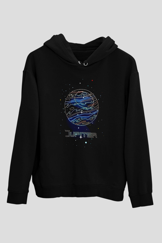 Jüpiter Çizim Baskılı Unisex Siyah Hoodie