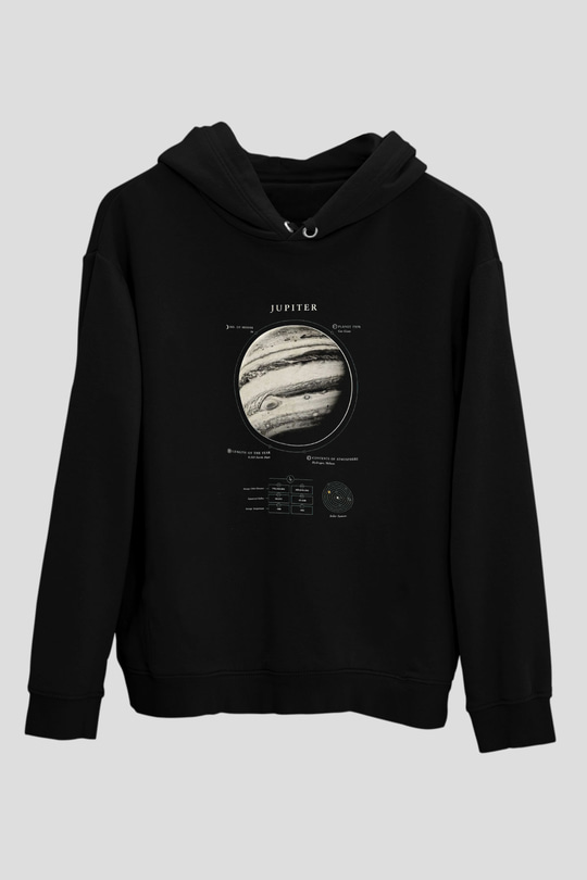 Jüpiter Fiziksel Özellikleri Baskılı Unisex Siyah Hoodie