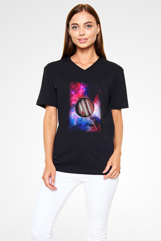 Jüpiter Siyah Unisex V Yaka Tişört T-Shirt