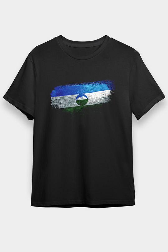 Kabardino Balkarya - Kabardino Balkaria Bayrağı Baskılı Unisex Siyah Tişört