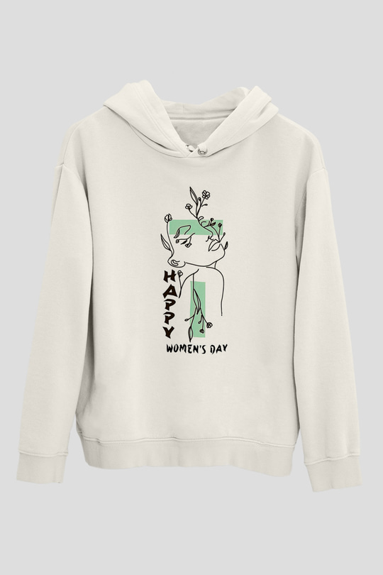 Kadınlar Günü Baskılı Beyaz Unisex Kapüşonlu Sweatshirt