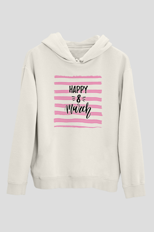 Kadınlar Günü Baskılı Beyaz Unisex Kapüşonlu Sweatshirt