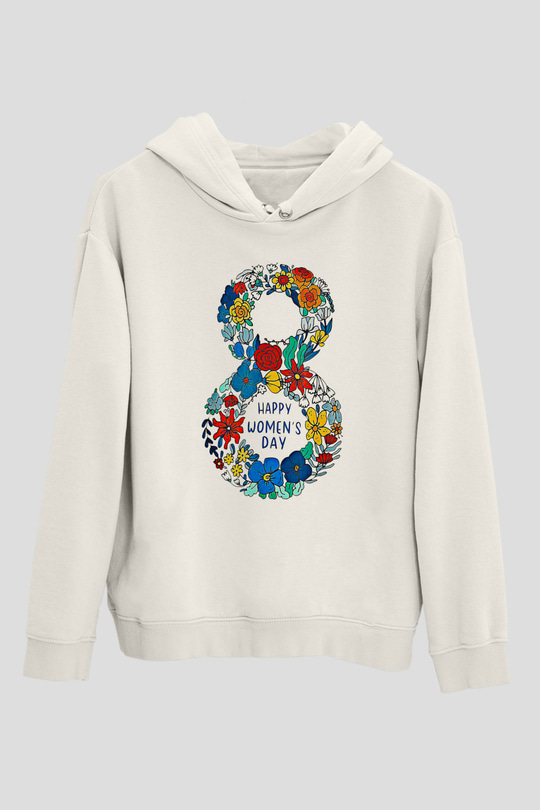 Kadınlar Günü Baskılı Beyaz Unisex Kapüşonlu Sweatshirt