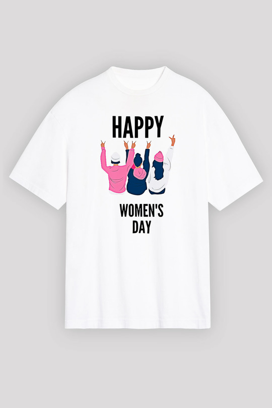 Kadınlar Günü Baskılı Beyaz Unisex Oversize Tişört - Tshirt