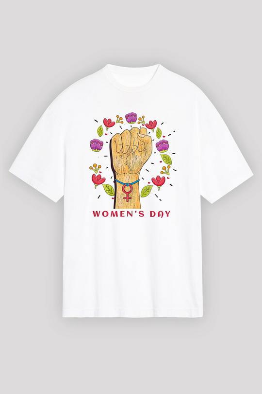 Kadınlar Günü Baskılı Beyaz Unisex Oversize Tişört - Tshirt
