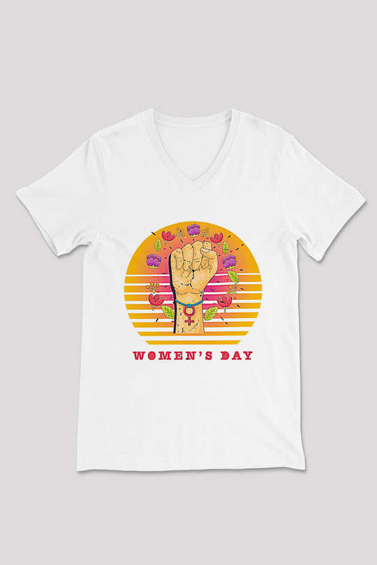 Kadınlar Günü Baskılı Beyaz Unisex V Yaka Tişört - Tshirt