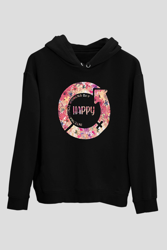 Kadınlar Günü Baskılı Unisex Siyah Hoodie