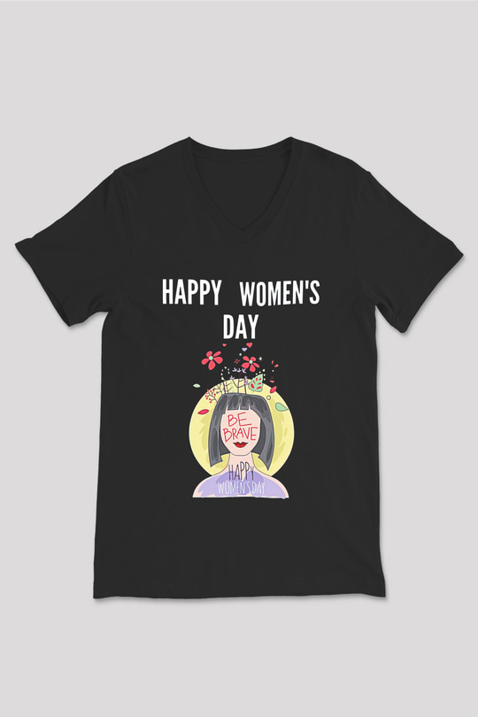 Kadınlar Günü Baskılı Unisex Siyah V Yaka Tişört - Tshirt