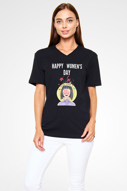 Kadınlar Günü Baskılı Unisex Siyah V Yaka Tişört - Tshirt