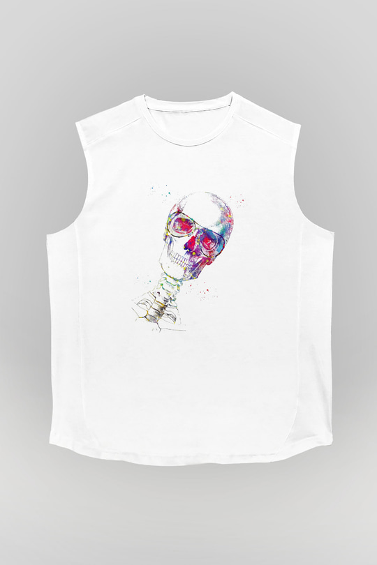Kafatası Anatomi Baskılı Unisex Kolsuz Beyaz Tişört - Tshirt