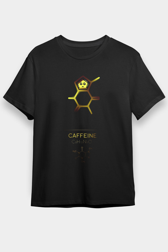 Kafein Molekülü Baskılı Unisex Siyah Tişört - Tshirt