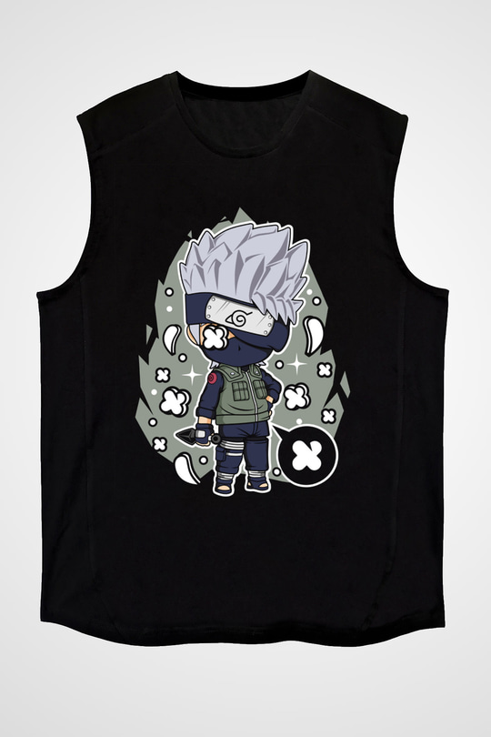 Kakashi Baskılı Unisex Siyah Kolsuz Tişört