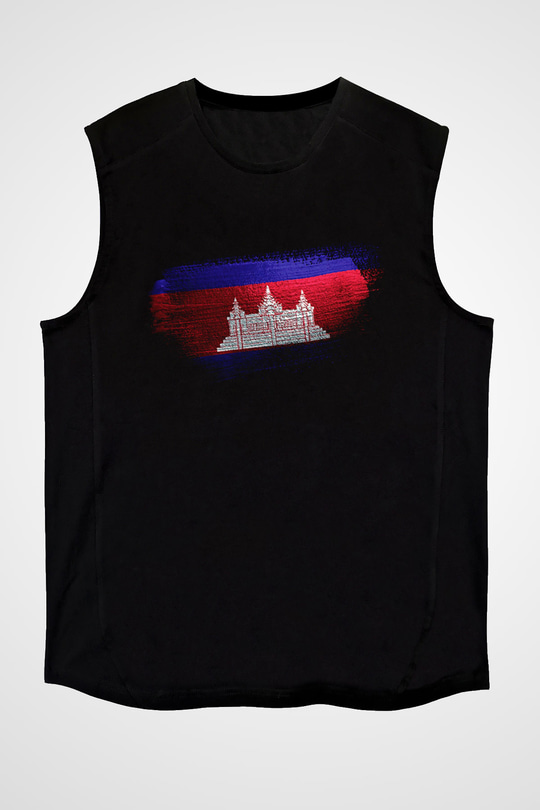 Kamboçya - Cambodia Bayrağı Baskılı Unisex Siyah Kolsuz Tişört
