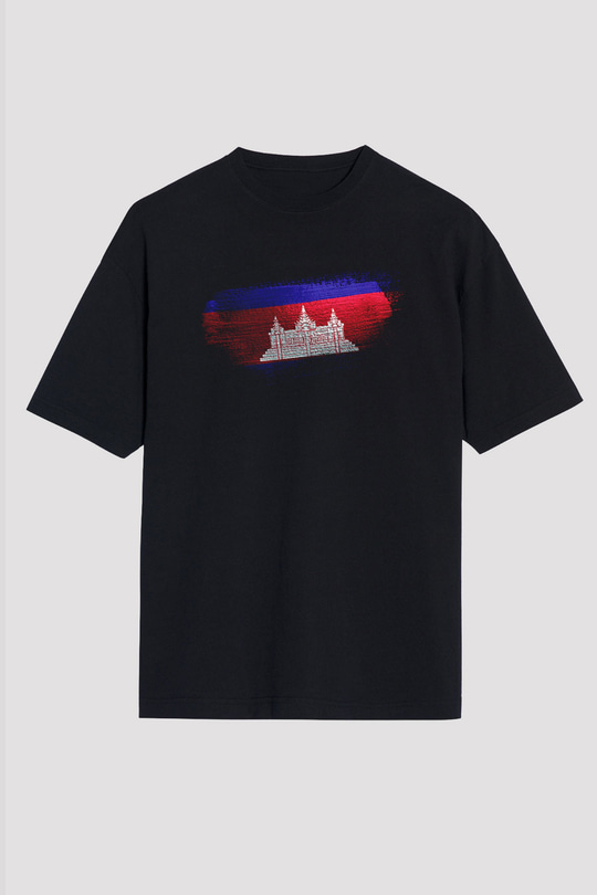 Kamboçya - Cambodia Bayrağı Baskılı Unisex Siyah Oversize Tişört