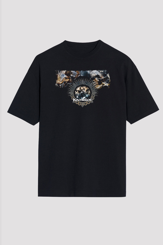 Kamelot Baskılı Unisex Siyah Oversize Tişört - Tshirt