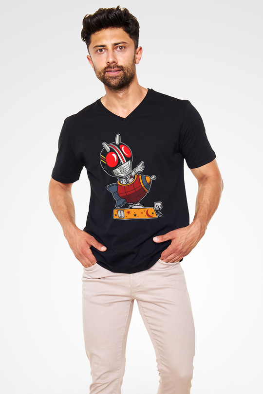 Kamen Rocket Baskılı Siyah Unisex V Yaka Tişört