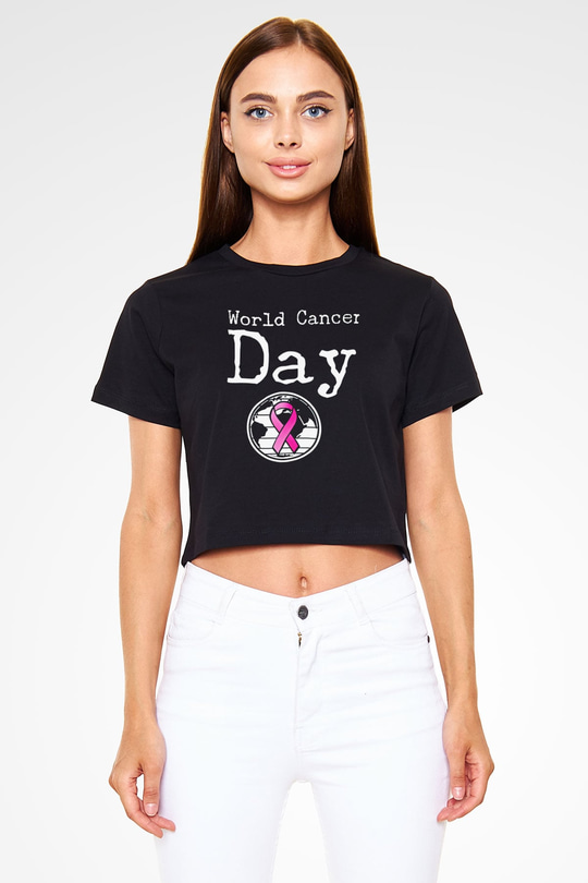 Kanser Günü Baskılı Siyah Crop Top Kadın Tişört - Tshirt