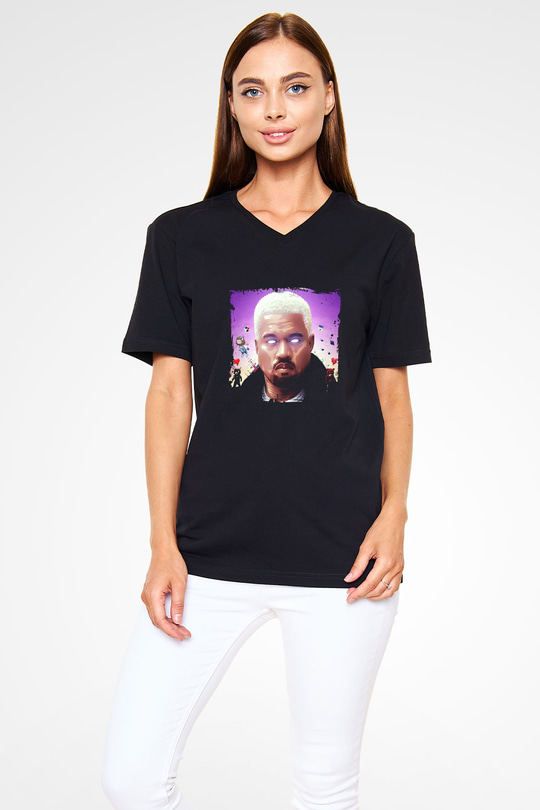 Kanye West Baskılı Unisex Siyah V Yaka Tişört