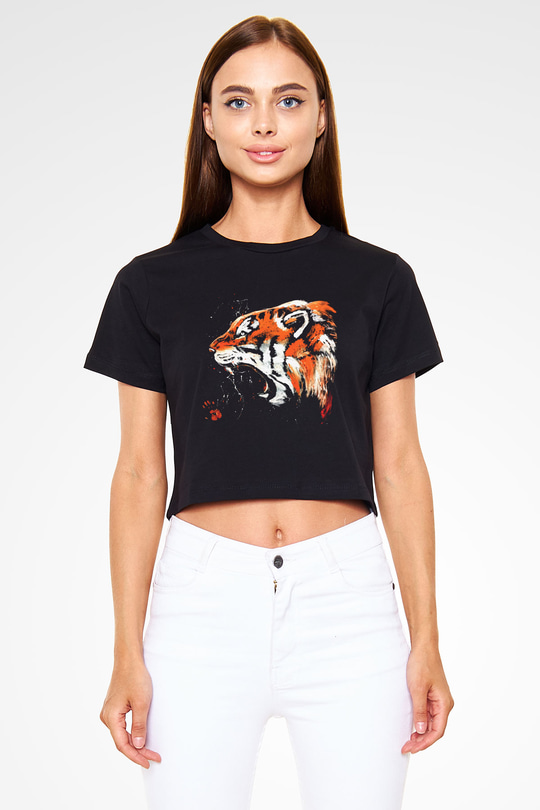 Kaplan Siyah Crop Top Tişört