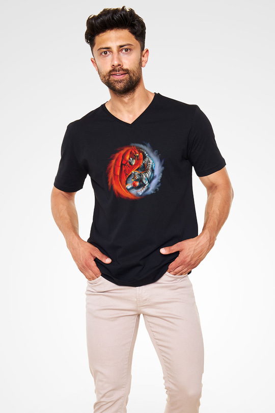Kaplan Siyah Unisex V Yaka Tişört